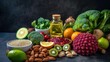 Background on the modern concept of coronavirus and immune protection via a healthy diet. An alkaline diet includes fruits, vegetables, grains, nuts, oils, and a dark gray concrete backdrop.