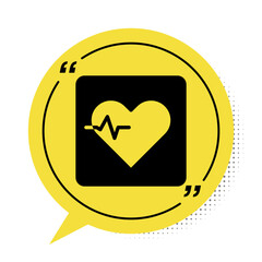 Sticker - Black Heart rate icon isolated on white background. Heartbeat sign. Heart pulse icon. Cardiogram icon. Yellow speech bubble symbol. Vector