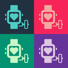 Sticker - Pop art Smart watch showing heart beat rate icon isolated on color background. Fitness App concept. Vector