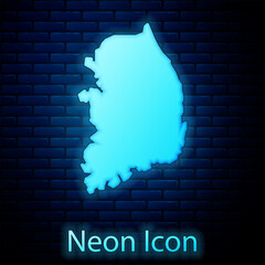 Sticker - Glowing neon South Korea map icon isolated on brick wall background. Vector