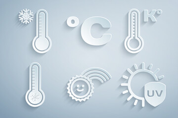 Sticker - Set Rainbow with sun, Meteorology thermometer, UV protection, Celsius and icon. Vector