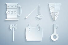 Set Body Armor, Shield, Medieval Axe, Old Key, Chained Mace Ball And Wooden Mug Icon. Vector