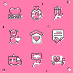 Wall Mural - Set Donation and charity, Heart with animals footprint, Give gift, Donate child toys, Shelter for homeless, Envelope heart, Ambulance car and icon. Vector