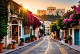 Fototapeta Fototapeta uliczki -  Immerse yourself in the charming district of Plaka in Athens, where historic buildings come to life against the backdrop of the majestic Acropolis. The narrow cobblestone streets wind.