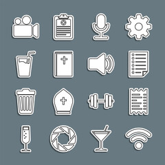 Poster - Set line Wi-Fi wireless network, Paper financial check, Document, Microphone, Holy bible book, Glass with water, Movie Video camera and Speaker volume icon. Vector