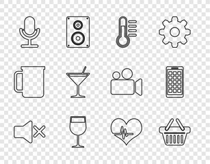 Canvas Print - Set line Speaker mute, Shopping basket, Thermometer, Wine glass, Microphone, Martini, Heart rate and Mobile Apps icon. Vector