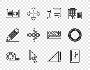 Canvas Print - Set line Roulette construction, Audio book, Bus stop, Pixel arrow cursor, Dots, Triangular ruler and Laurel wreath icon. Vector