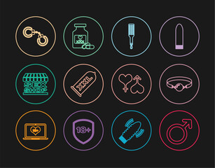 Canvas Print - Set line Male gender symbol, Silicone ball gag, Spanking paddle, Condom safe sex, Sex shop building, Sexy fluffy handcuffs, female heart and Bottle with pills for potency icon. Vector