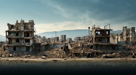 Wall Mural - burning buildings after the war, war scene, flamming houses