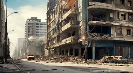 Wall Mural - burning buildings after the war, war scene, flamming houses