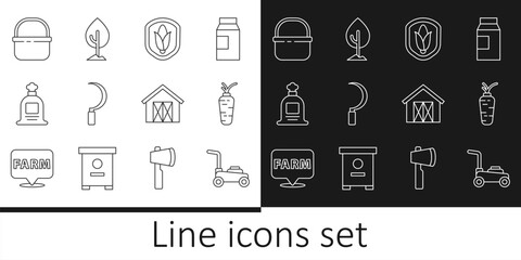 Wall Mural - Set line Lawn mower, Carrot, Shield corn, Sickle, Full sack, Basket, Farm house and Tree icon. Vector