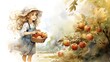 A painting of a girl picking apples from a tree