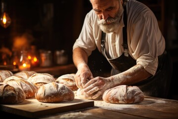 Wall Mural - older baker kneading dough to create delicious bread (Generative AI)