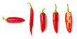 set / collection of red hot chili peppers isolated over a transparent background, spicy jalapenos, whole and cut in half, top and side view, PNG