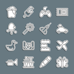 Sticker - Set line Butterfly, Toy plane, Radio controlled car toy, Gamepad, Rattle baby, Racket, Sand in bucket and Dart arrow icon. Vector