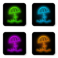 Canvas Print - Glowing neon line Sun protective umbrella for beach icon isolated on white background. Large parasol for outdoor space. Beach umbrella. Black square button. Vector Illustration