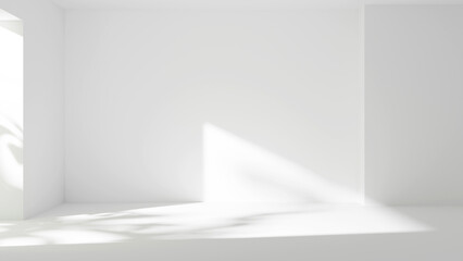 Fototapete - White room abstract forms with sunlight, empty place white walls and empty blank white floor and leafs shadows, white wall background gray gradient