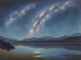 Fototapeta Na sufit - Highland landscape with night sky. AI generated illustration