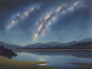 Wall Mural - highland landscape with night sky. ai generated illustration