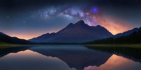 Wall Mural - highland landscape with night sky. ai generated illustration