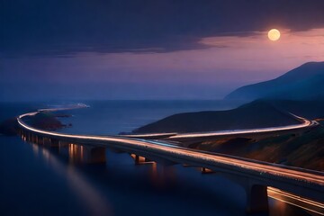 A super realistic photography of a majestic highway stretching gracefully over the vast, shimmering sea