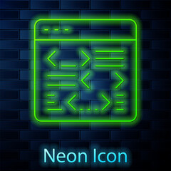 Glowing neon line Software, web developer programming code icon isolated on brick wall background. Javascript computer script random parts of program code. Vector