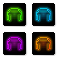 Canvas Print - Glowing neon line Headphones icon isolated on white background. Earphones. Concept for listening to music, service, communication and operator. Black square button. Vector