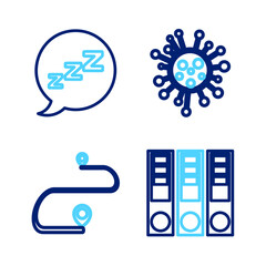 Poster - Set line Office folders, Route location, Bacteria and Speech bubble with snoring icon. Vector