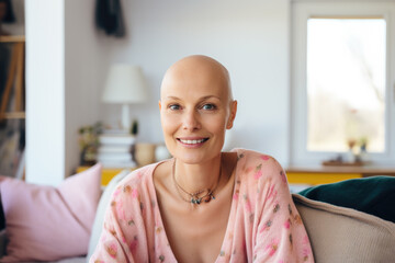 Portrait of a strong, beautiful smiling woman with no hair, cancer survivor, sitting on the sofa in her home.