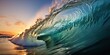 © Graphic Warrior - AI Generated. AI Generative. Big sea ocean wave surfing background. Vacation adventure travel tropical extreme surfing sport vibe. Mock up surf club presentation