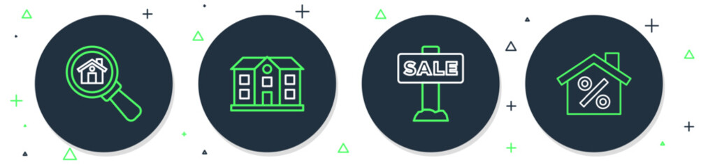 Sticker - Set line House, Hanging sign with Sale, Search house and percant discount icon. Vector