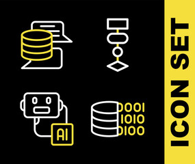 Sticker - Set line Algorithm, Binary code, Artificial intelligence robot and Server, Data icon. Vector