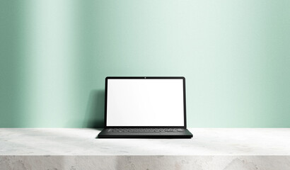 Laptop mock up with white blank empty screen on white concrete stage table platform and pastel wall backdrop with lights, place for advertisement and design