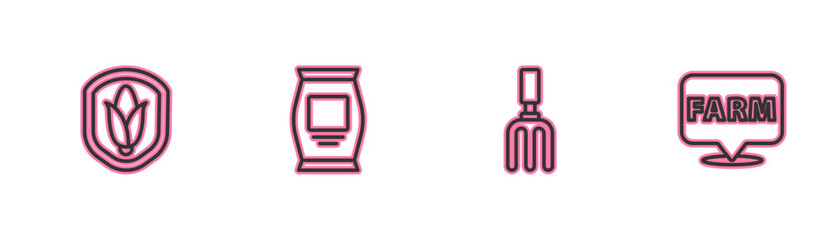 set line shield corn, garden rake, fertilizer bag and location farm icon. vector
