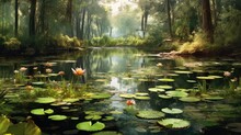 Illustration Of A Lovely Scene From A Peaceful Woodland Pond.