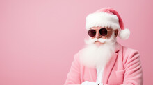 Portrait Of Santa Claus In Sunglasses On A Pink Background With Copy Space