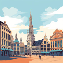 AI Generated, Vector Illustration, Flat Style, Main Square In Brussels, The Capital Of Belgium. Flat Design With Simple Colors. Travel Destination In The Heart Of Europe.