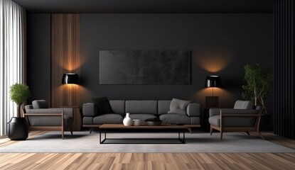 Wall Mural - A stylish black wall frames a cozy living room filled with comfortable furniture, lush pillows, and delicate vases, creating an inviting atmosphere perfect for relaxation