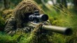 Sniper ghillie suit in ready position made with Ai generative technology, Person is fictional