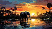 An Elephant Is Standing In The Water At Sunset, AI