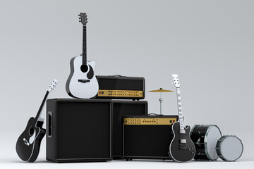 Poster - Set of electric acoustic guitars, amplifiers and drums with cymbal on white