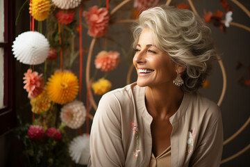 Wall Mural - an elderly beautiful woman of 50 years old with gray white hair, a wide smile, sits at home, there are many flowers around