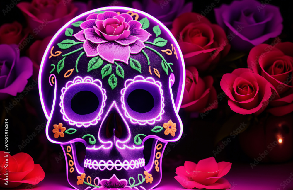 Vivid neon calaveras on background with blooming roses for Day of the Dead holiday. Purple glowing Mexican sugar skulls as a symbol of Dia de los Muertos.