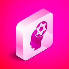 Wall Mural - Isometric Orthodox jewish hat icon isolated on pink background. Jewish men in the traditional clothing. Judaism symbols. Silver square button. Vector