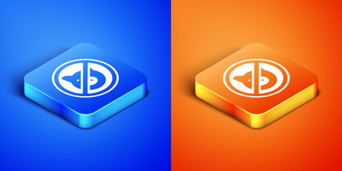 Poster - Isometric No pig icon isolated on blue and orange background. Stop pork. Animal symbol. Square button. Vector