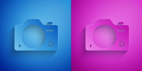 Canvas Print - Paper cut Photo camera icon isolated on blue and purple background. Foto camera. Digital photography. Paper art style. Vector