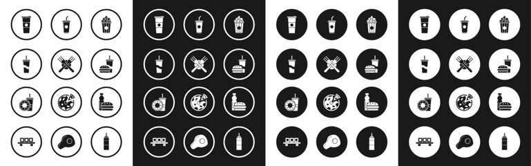 Canvas Print - Set Popcorn in cardboard box, Crossed fork, Paper glass with drinking straw and water, burger, Bottle of and donut icon. Vector