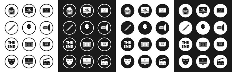 Sticker - Set Online play video, Balloon with ribbon, Knife, Popcorn cardboard box, Movie spotlight, Computer PC monitor 4k technology, movie, tape, frame and The End handwritten inscription icon. Vector