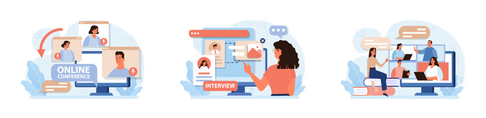 Wall Mural - virtual events set. online education, conference, exhibition, friends