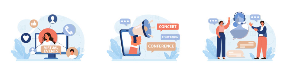 Wall Mural - Virtual events set. Online education, conference, exhibition, friends